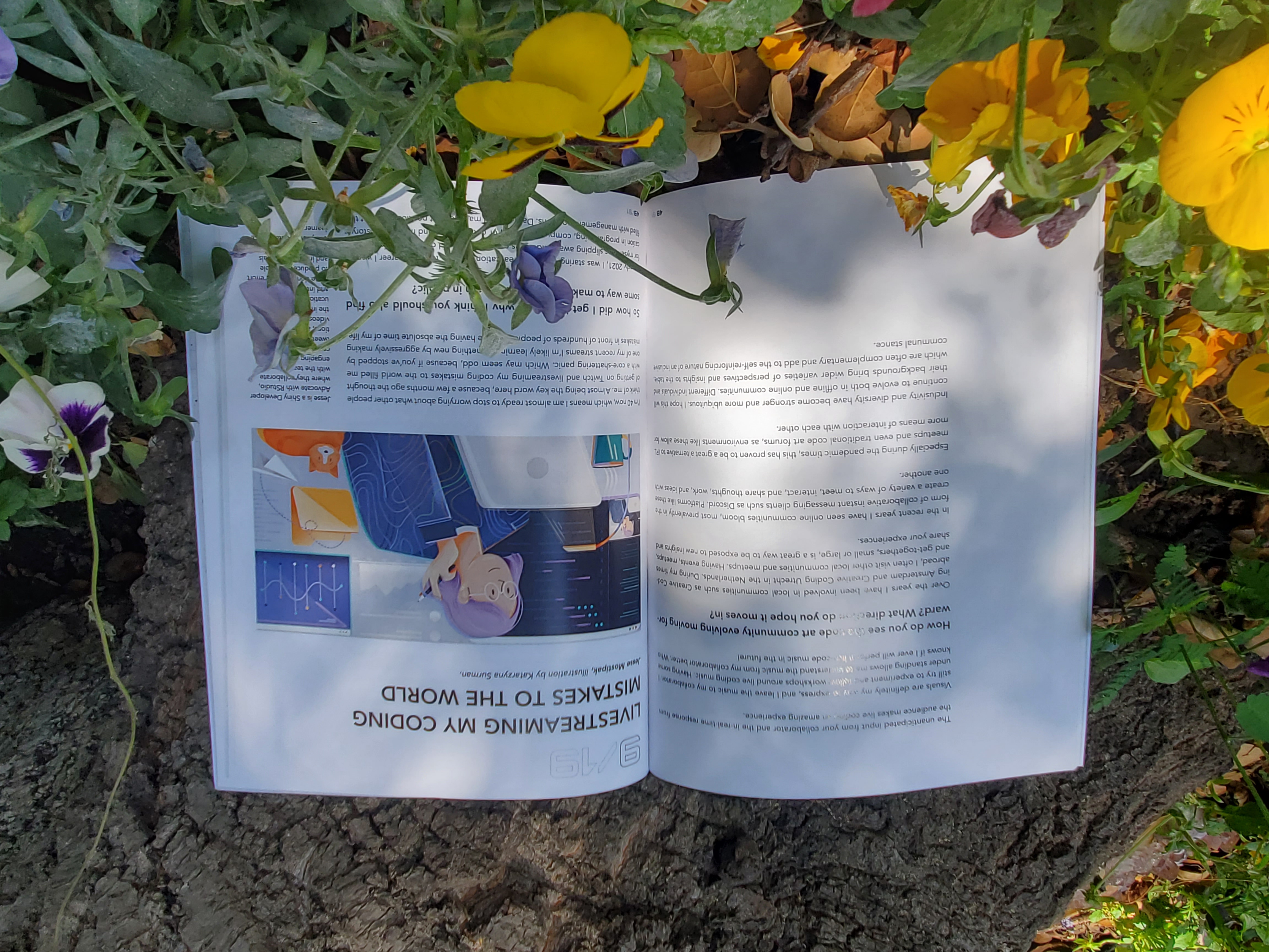 Photograph of an open book with illustration and text in a garden with yellow flowers