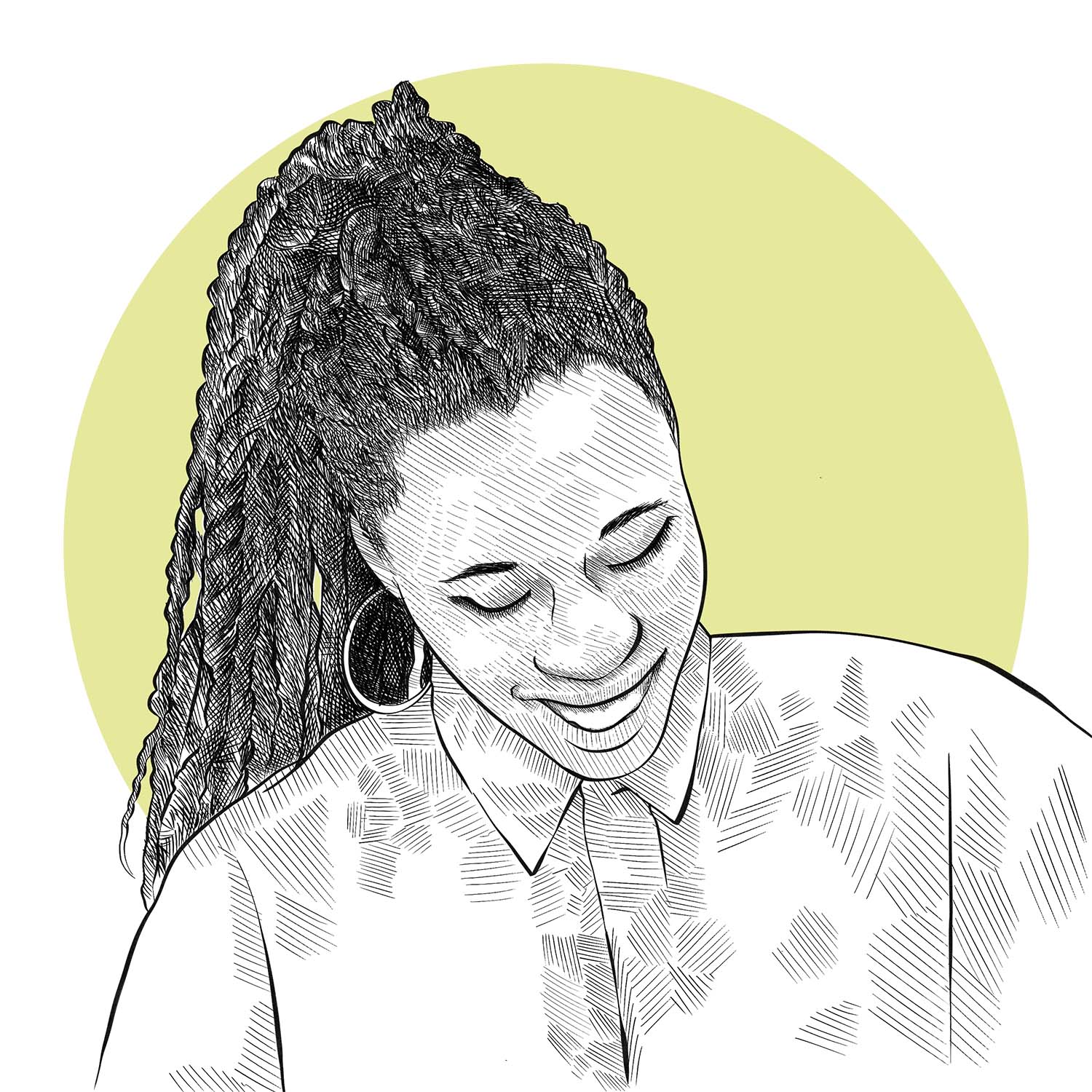 Black and white illustration of a women with braided hair looking down and smiling