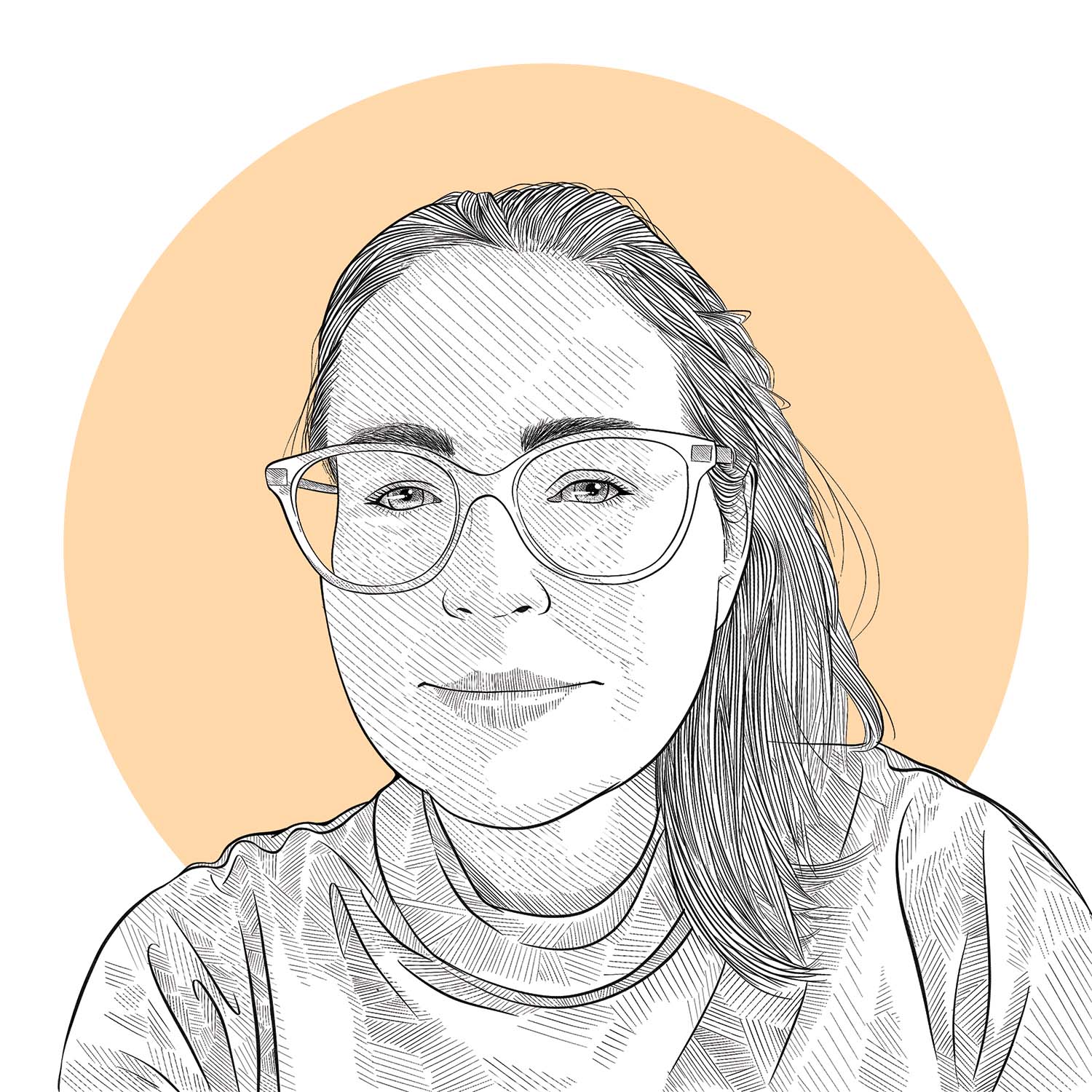 BBlack and white illustration of a woman with glasses and a ponytail slightly smiling.