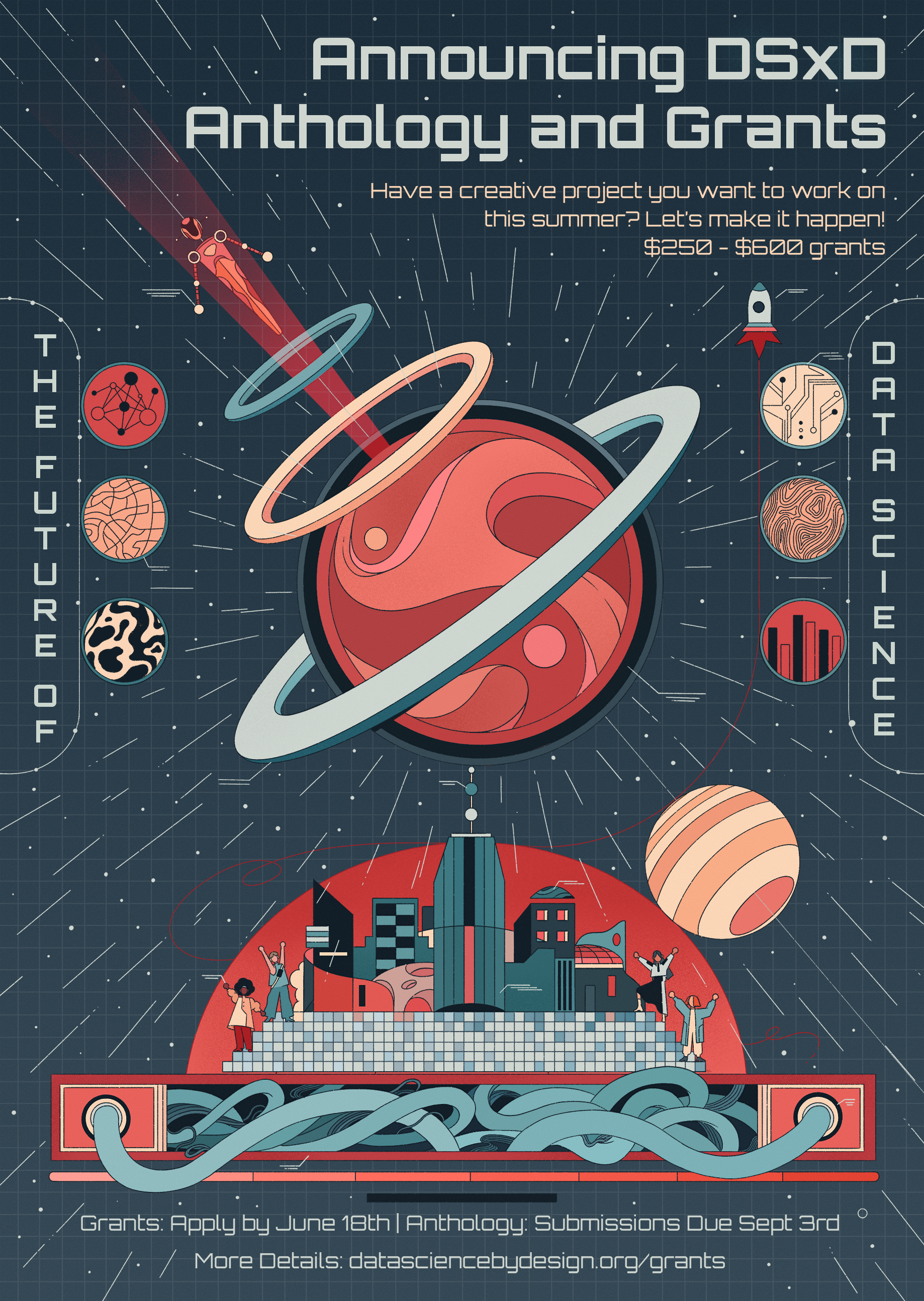 Introducing Grants Science Fiction Poster.  Planets, data visualizations, stars, and rocket man above a futuristic city.