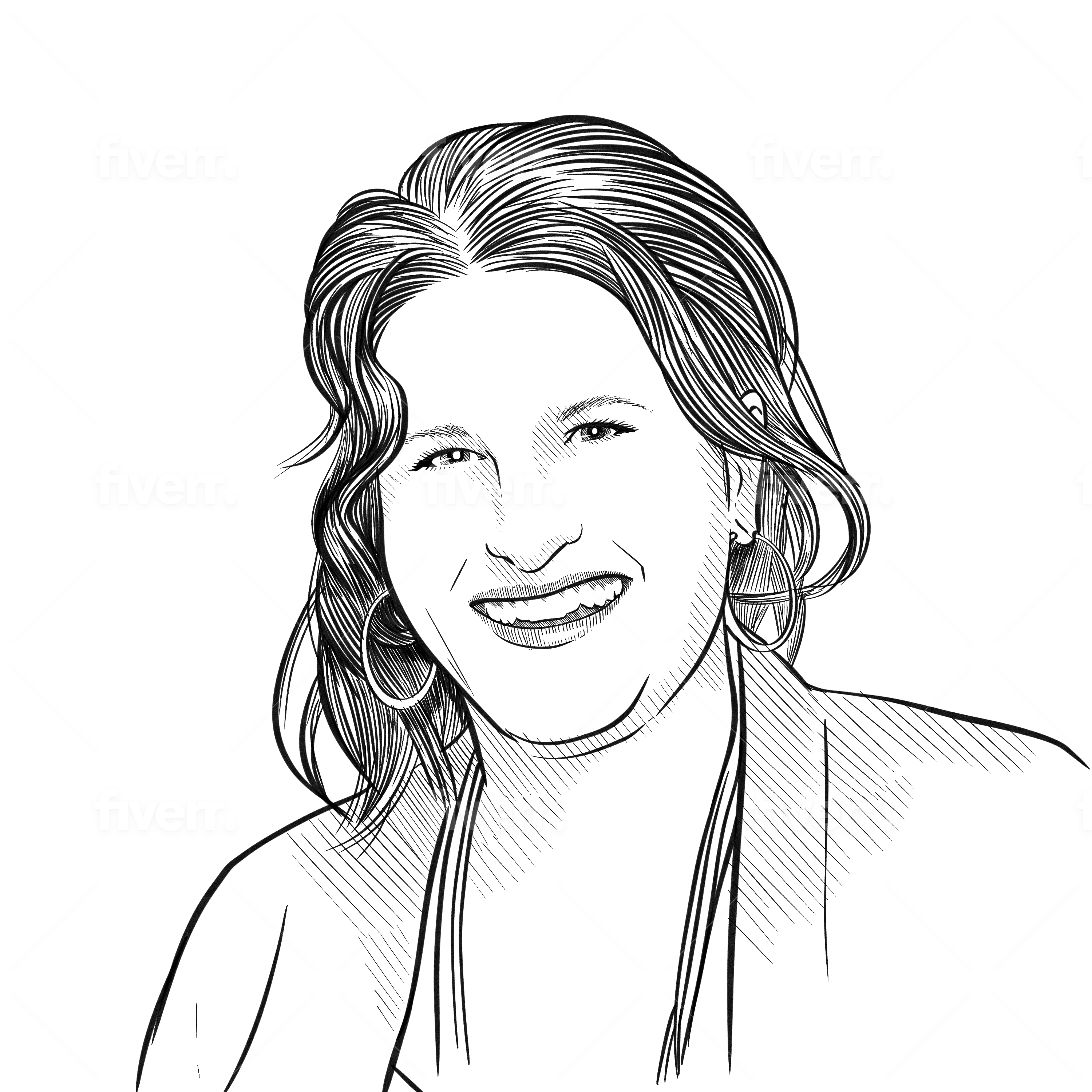 Black and white illustration of a person with an oval face, smiling, long hair swept to one side and past their shoulders. They are wearing dangling earrings, and have an opened, patterned sweater over a v neck shirt. 