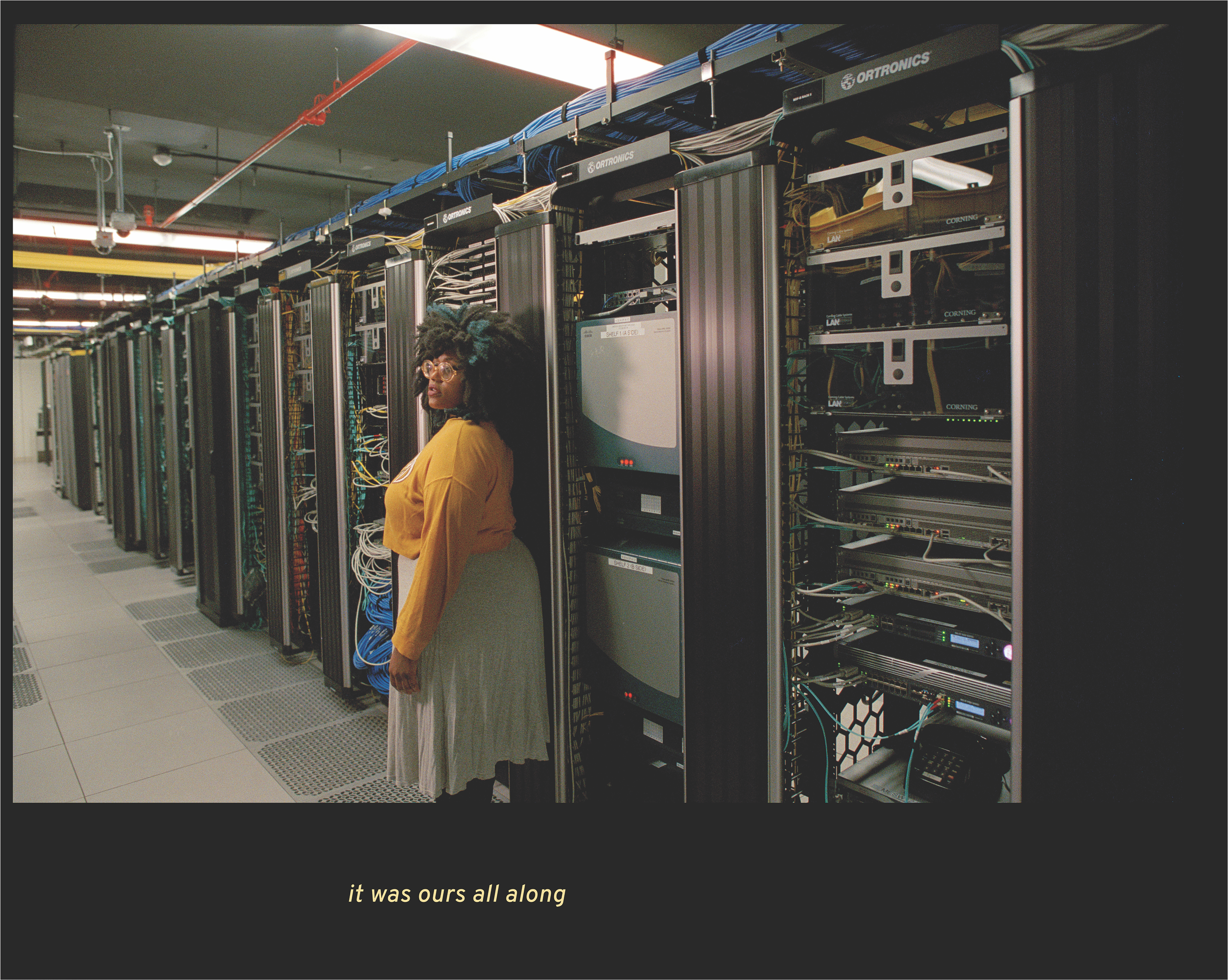 Black woman with black and blue hair stands in front of a large row servers with the caption “it was ours all along”