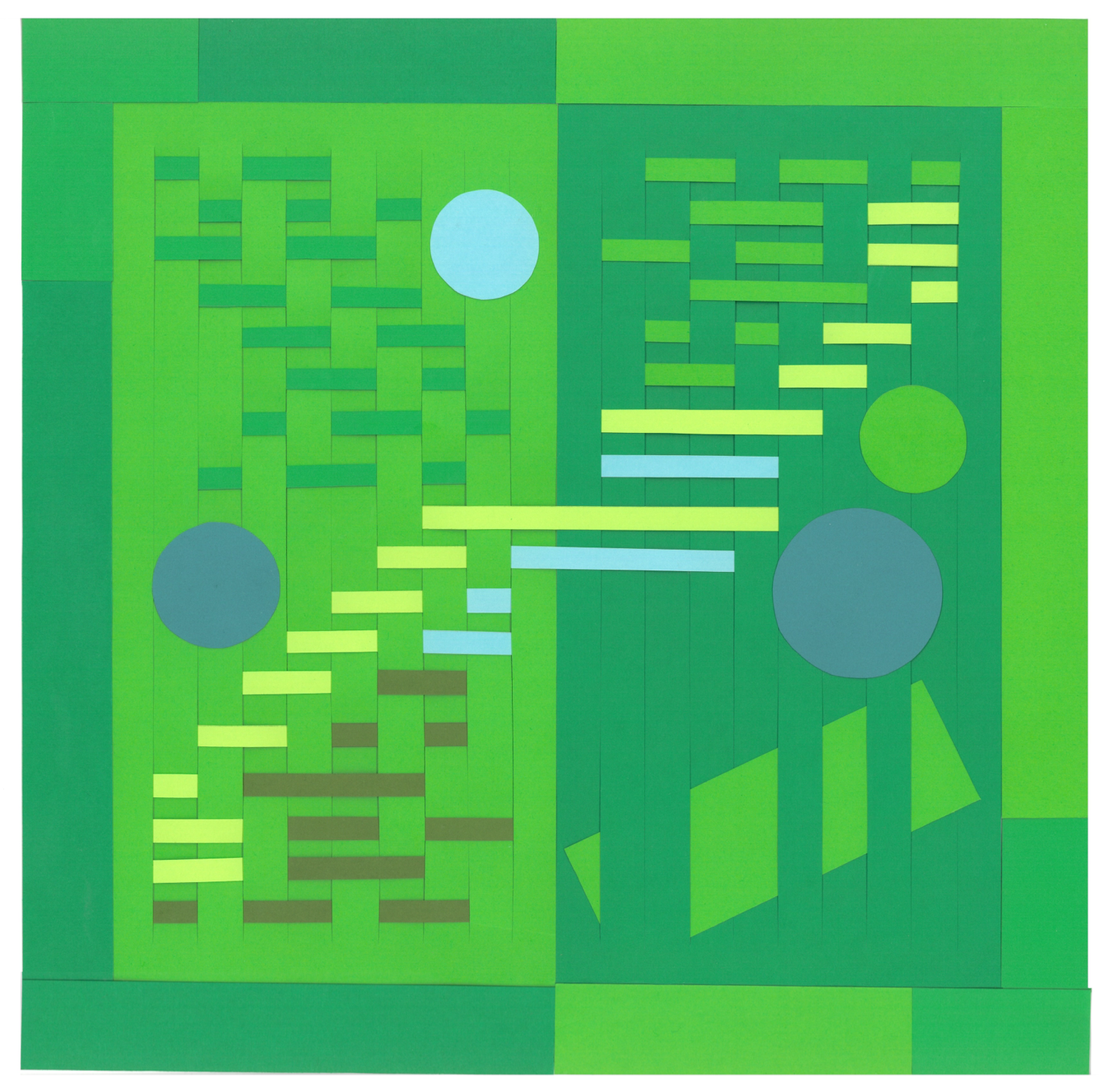 Image of woven paper. Left side has dark green border, light green vertical strips, and varying shades of dark and light green and blue as horizontal stripes and circles. Right side colors are somewhat inverted from left side, with a larger diagonal green strip.