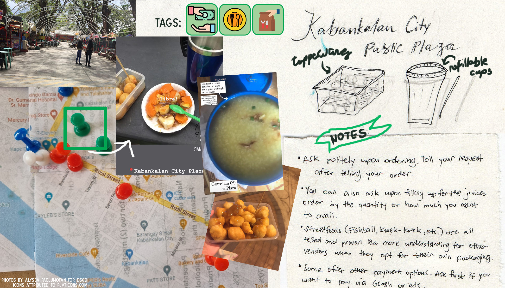 A note about Kabankalan City Plaza with Lissa's poorly hand-drawn sketch of her reusable tupperware and tumbler. On the left side, it consists of the highlighted pin from the bigger map in Figure 2, highlighted by a green box and the photos taken by her at the area such as the infamous 'kwek-kwek' in the container, the hot 'goto' (a Filipino rice and beef tripe gruel cooked with ginger and garnished with toasted garlic, scallions, black pepper, and chicharon) in an ice cream container. Tags about the Place can be seen at the top such as icons pertaining to Cash only transaction, Dine-ins, and Reusable Packaging for Takeouts. At the lower right is the notes section where she gives the tips that she tried and tested on navigating the area such as asking kindly upon ordering.