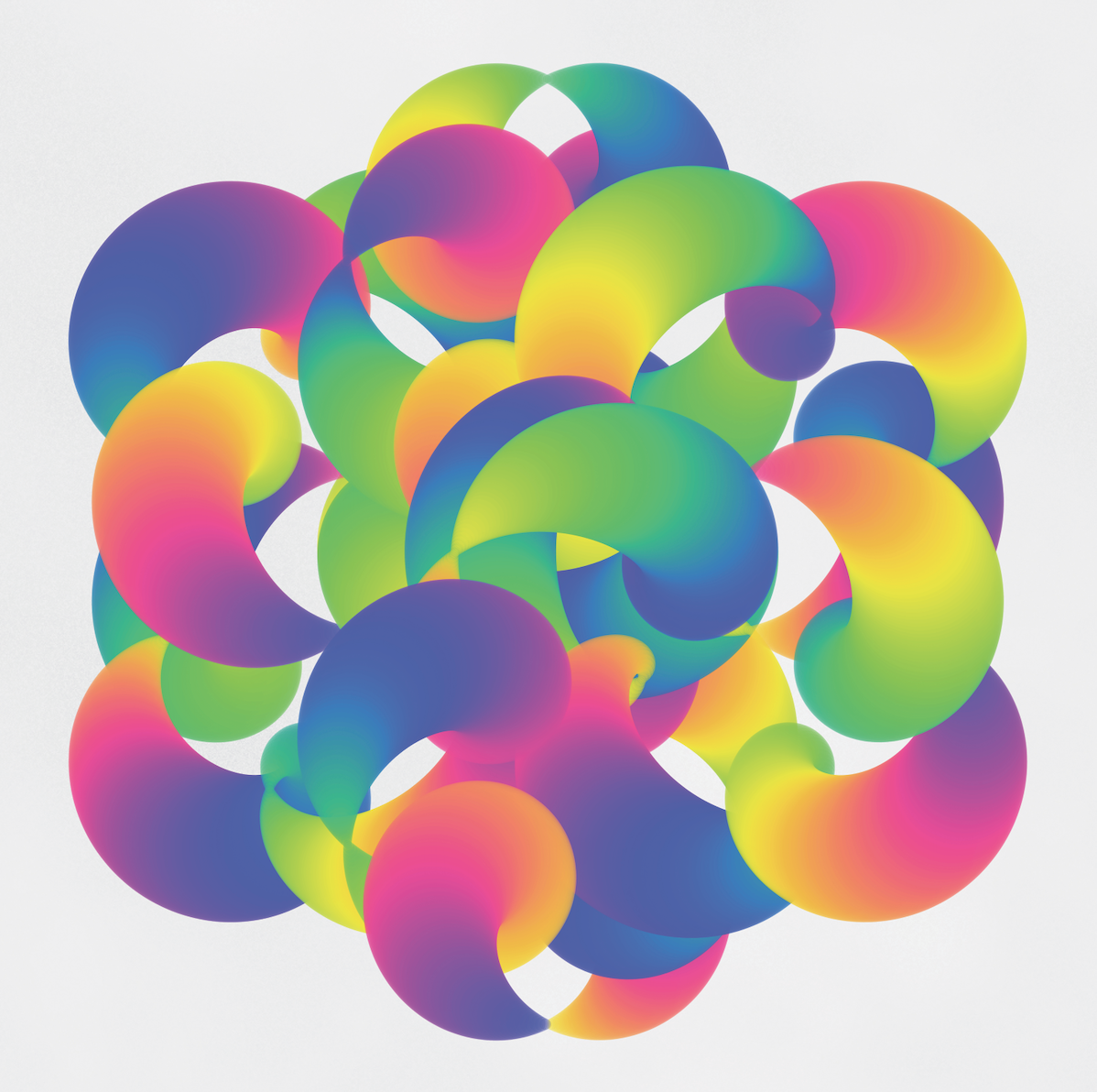 Circular shape made up of smaller swirling shapes filled in with rainbow gradients.