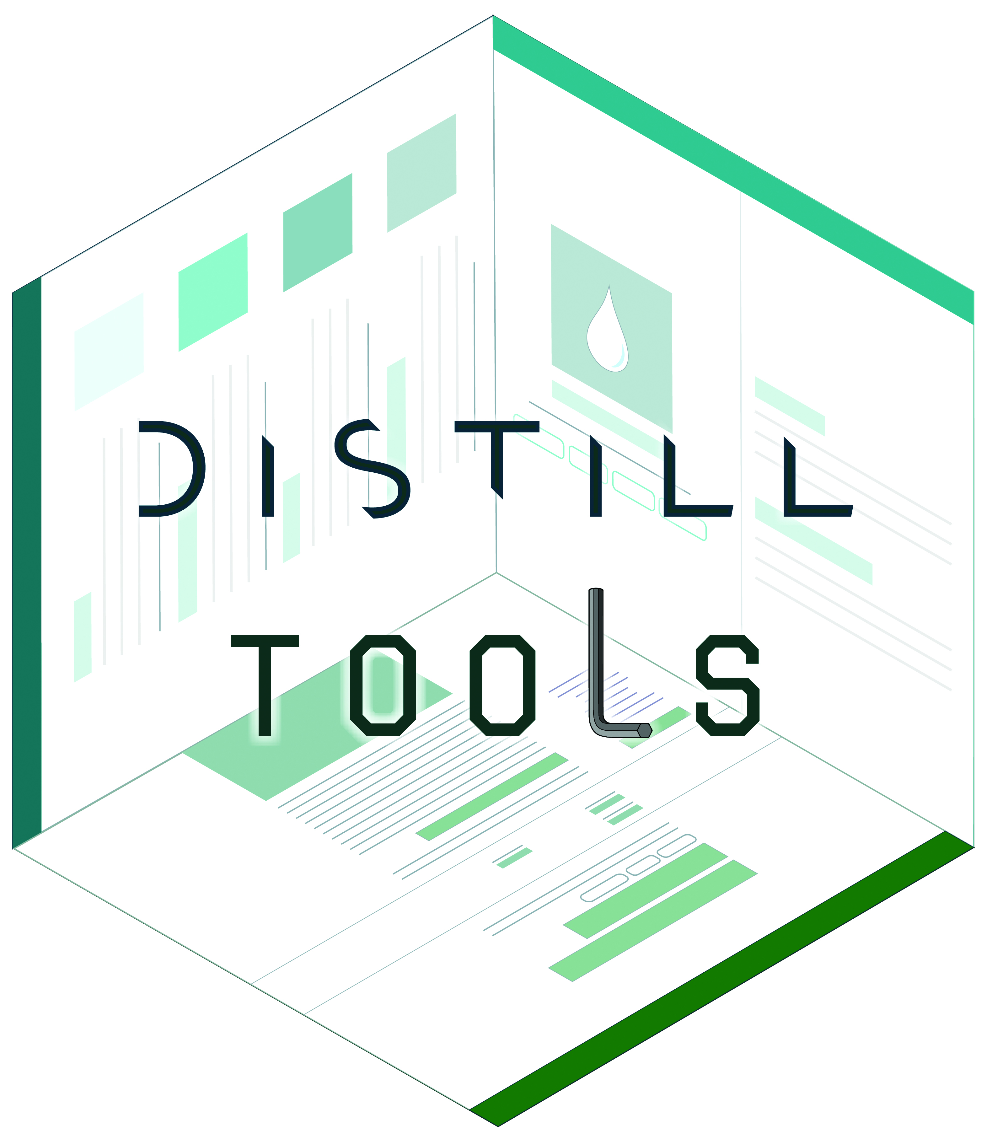 A hexagon that looks 3D, lines and squares with different shades of teal. The text “distill tools” front and center.