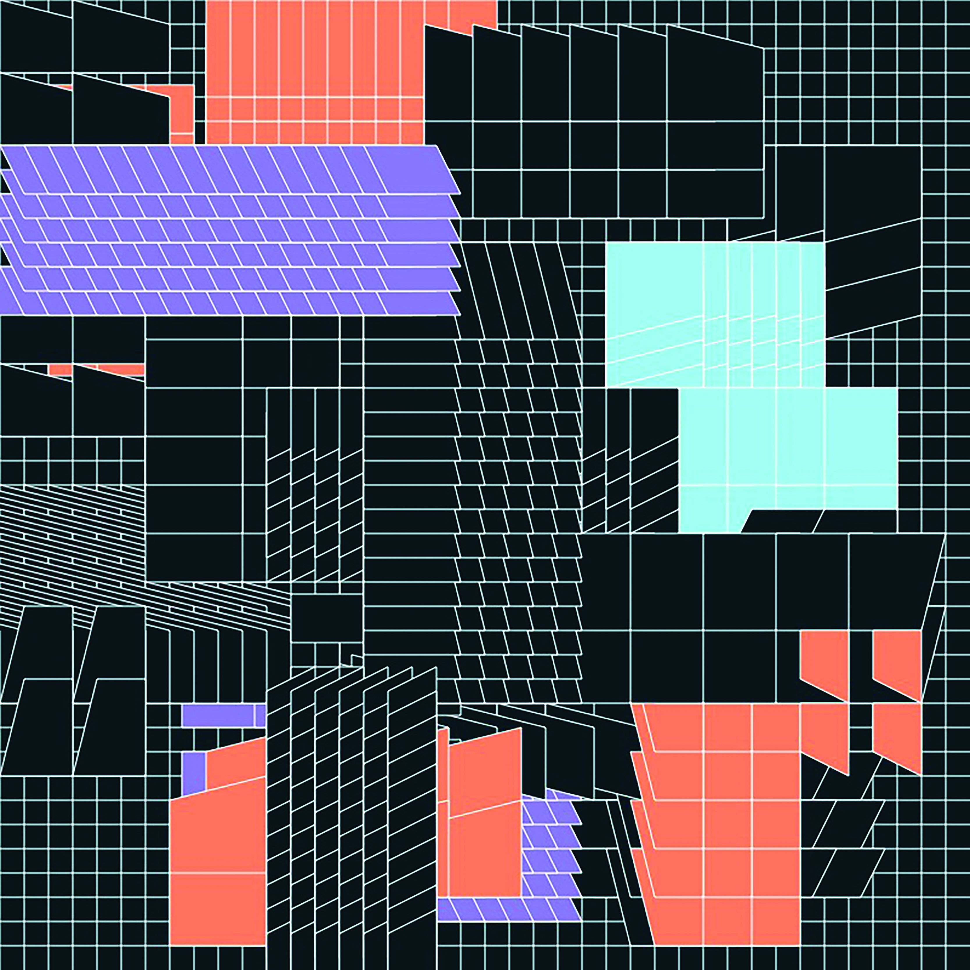 A square-shaped generative art piece composed of many smaller squares and polygons, mostly colored dark grey but with patches of purple, peach, and light blue.