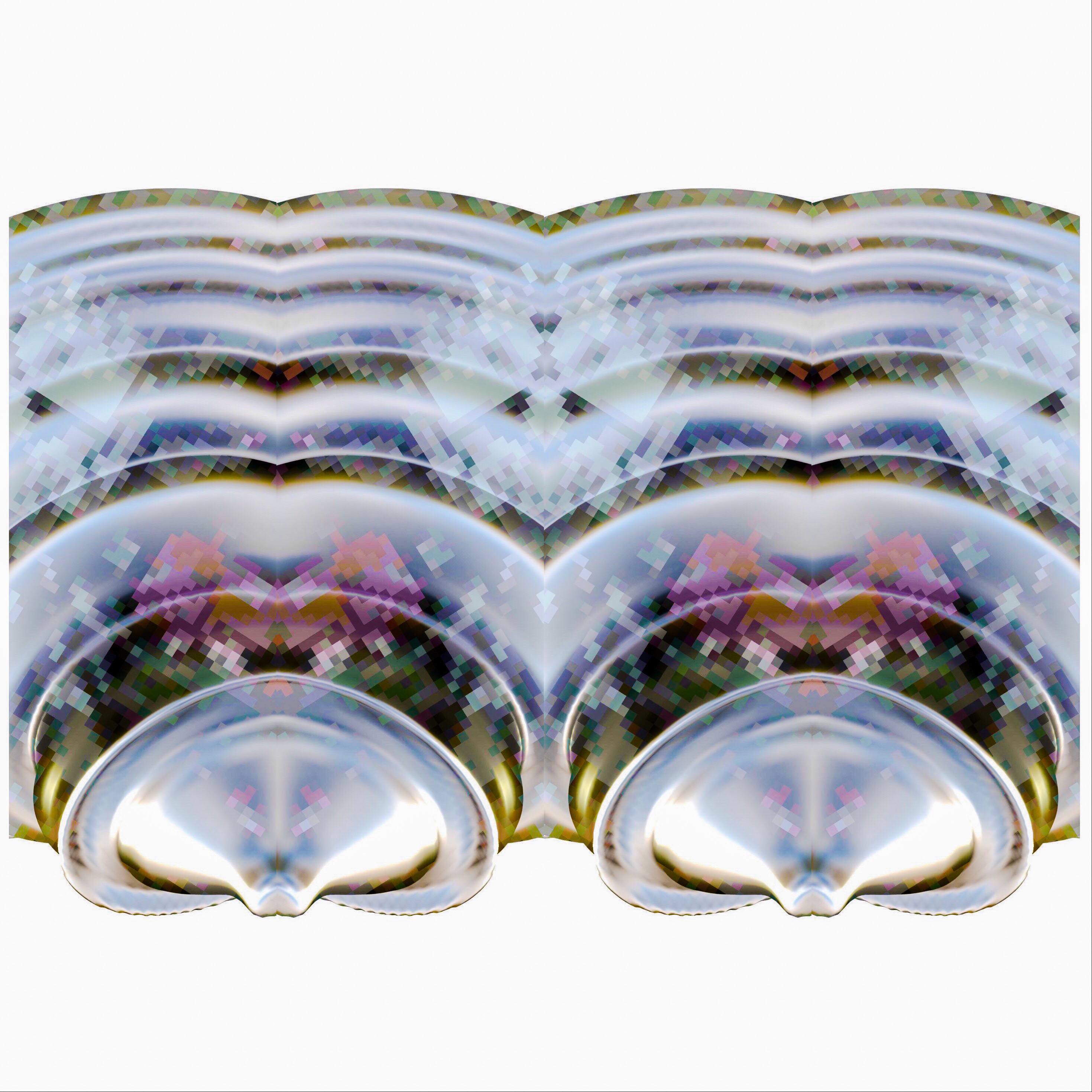 Una imagen de abalorios de la Confederación Haudenosaunee realizada en software 3D utilizando imágenes de colecciones de abalorios de museos. Los colores incluyen plata, oro, rosa, azul y morado. Su aspecto es similar al de una concha o almeja de río.