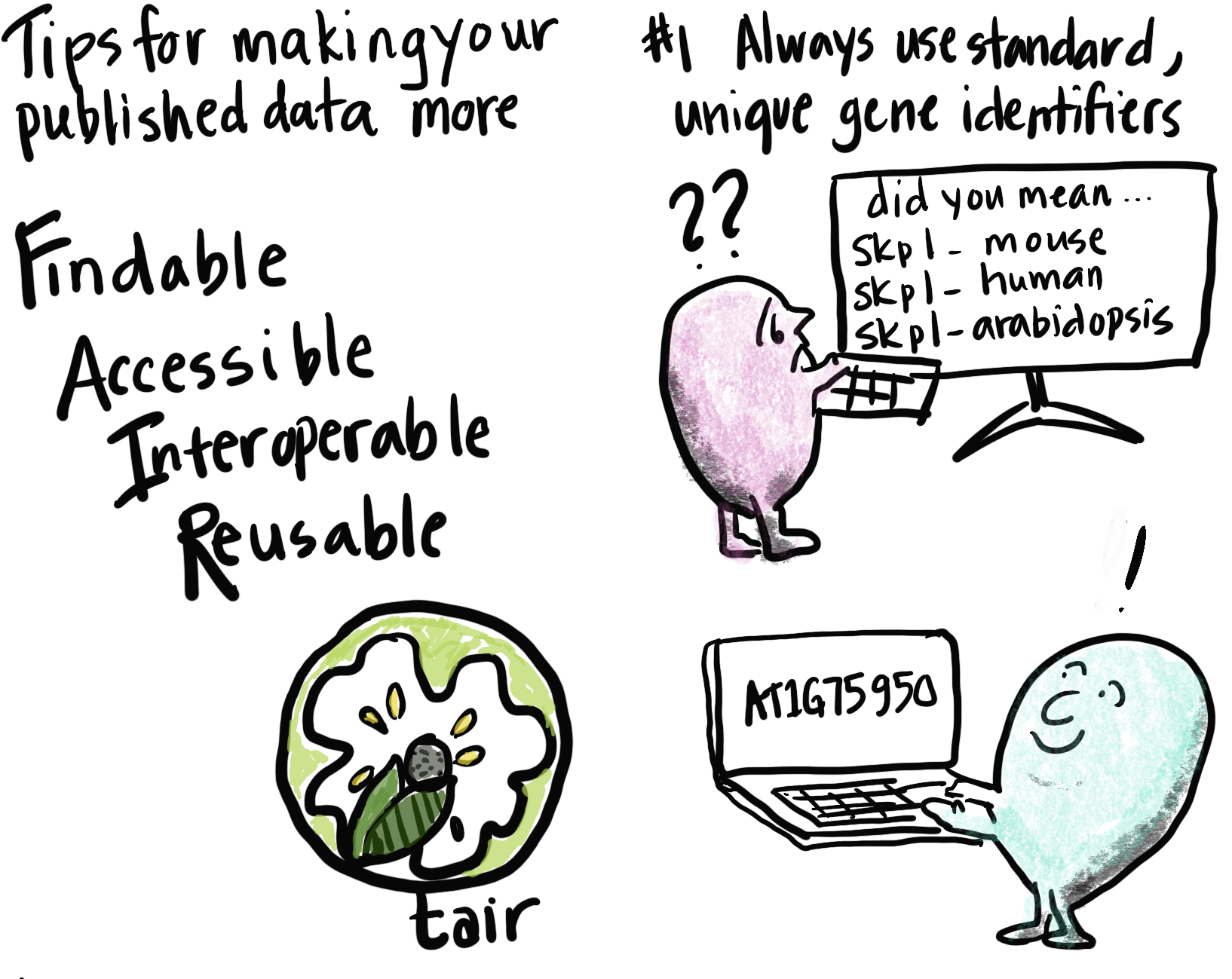 First page of zine is the title, Findable Accessible Interoperable Reusable, with a handdrawn logo of tair.  Second Page is titled with #1 Always use standard unique identifiers, with images of one pink cute monster confused in front of a computer with error message and another happy monster looking at computer with standardized identifier text. 