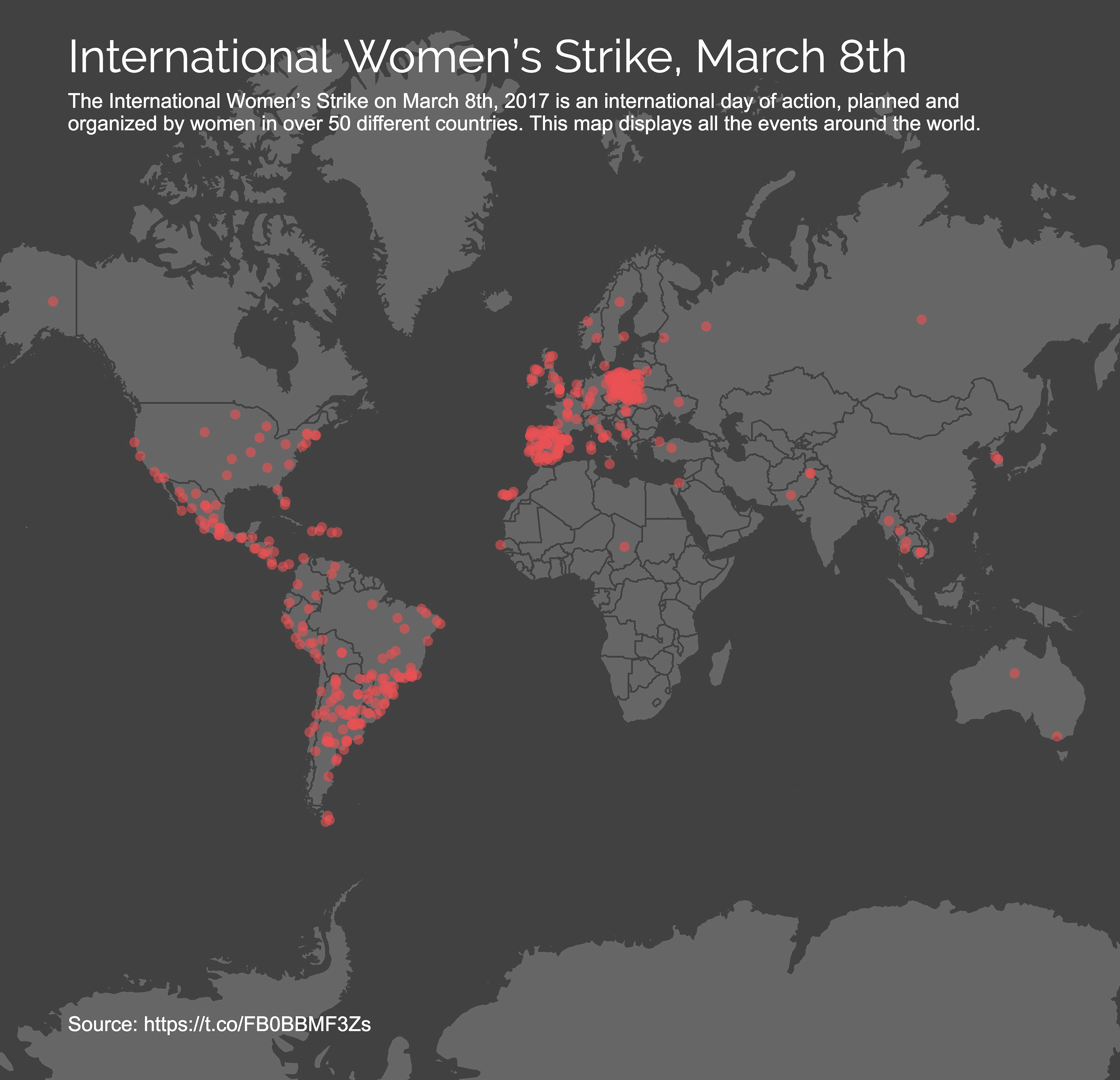 A map of the world showing the locations of international women’s strike events on March 8th 2017 with red dots, with large clusters in North and South America and Europe.
