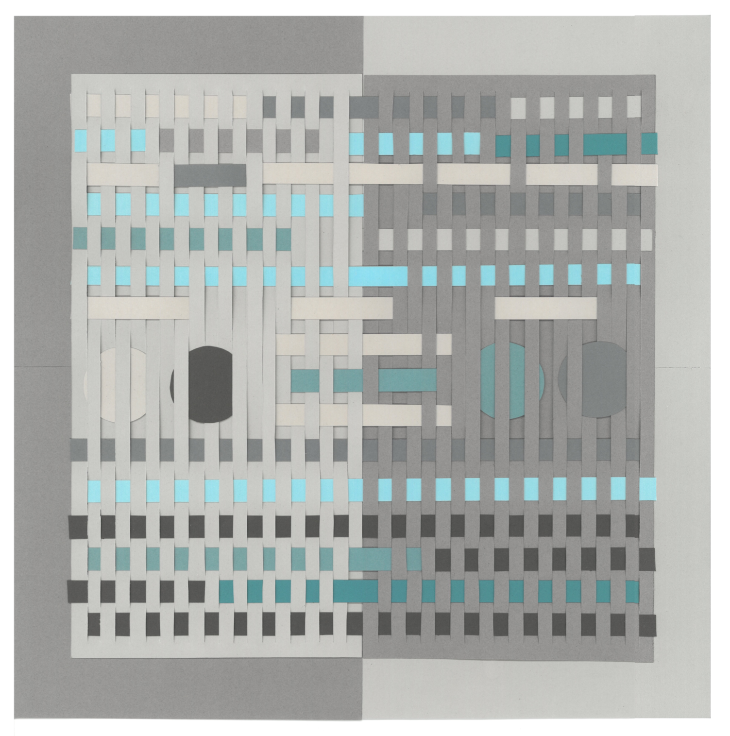 Imagen de papel tejido. Hay tiras verticales de color gris claro a la izquierda y gris oscuro a la derecha. Hay tiras horizontales y círculos de color gris claro y oscuro, azul claro y verde azulado oscuro tejidos a través de las tiras verticales. Hay un borde de color gris oscuro a la izquierda y gris claro a la derecha, que contrasta con las tiras verticales.