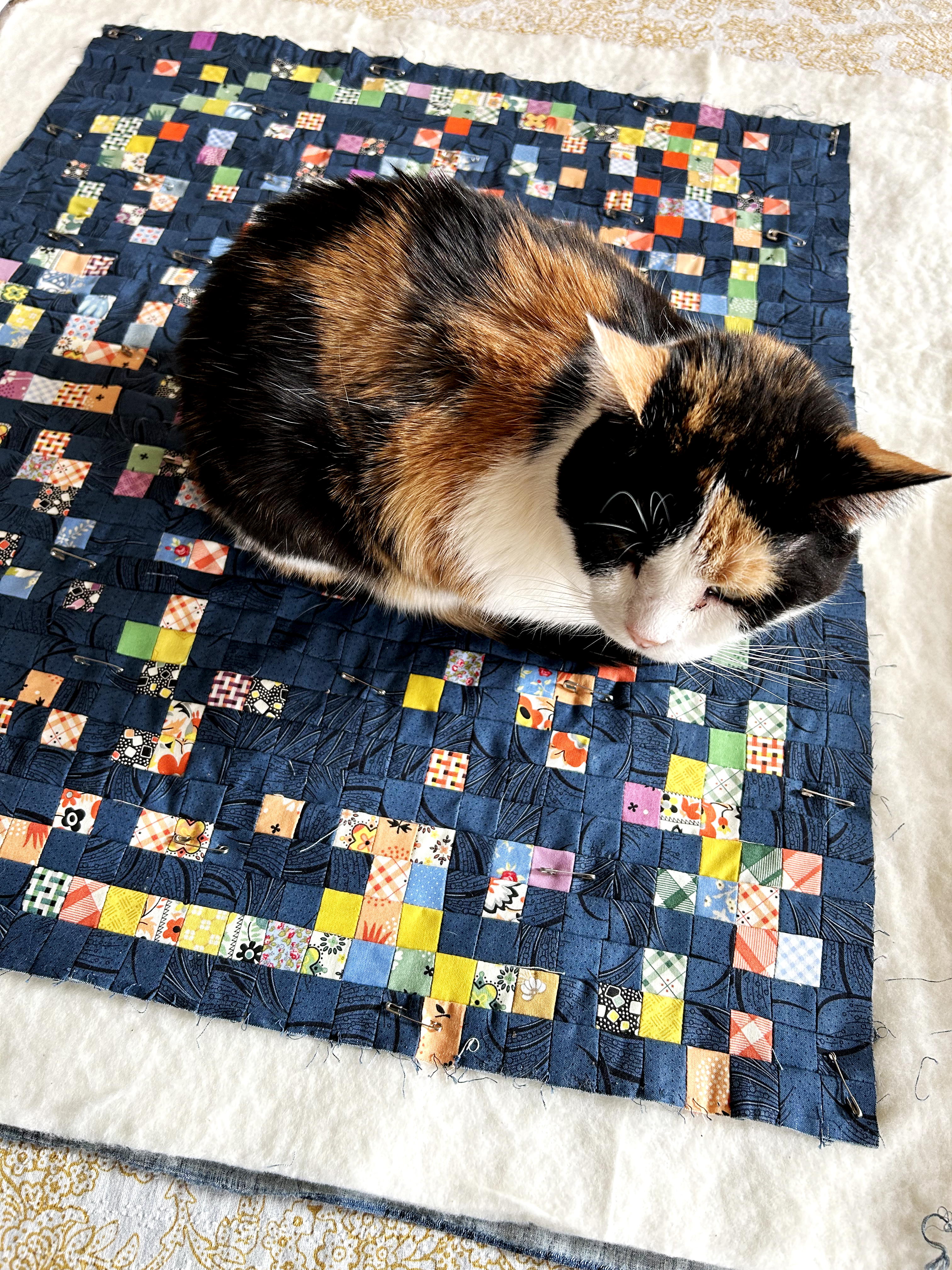 A calico cat sits quietly atop the quilt. 