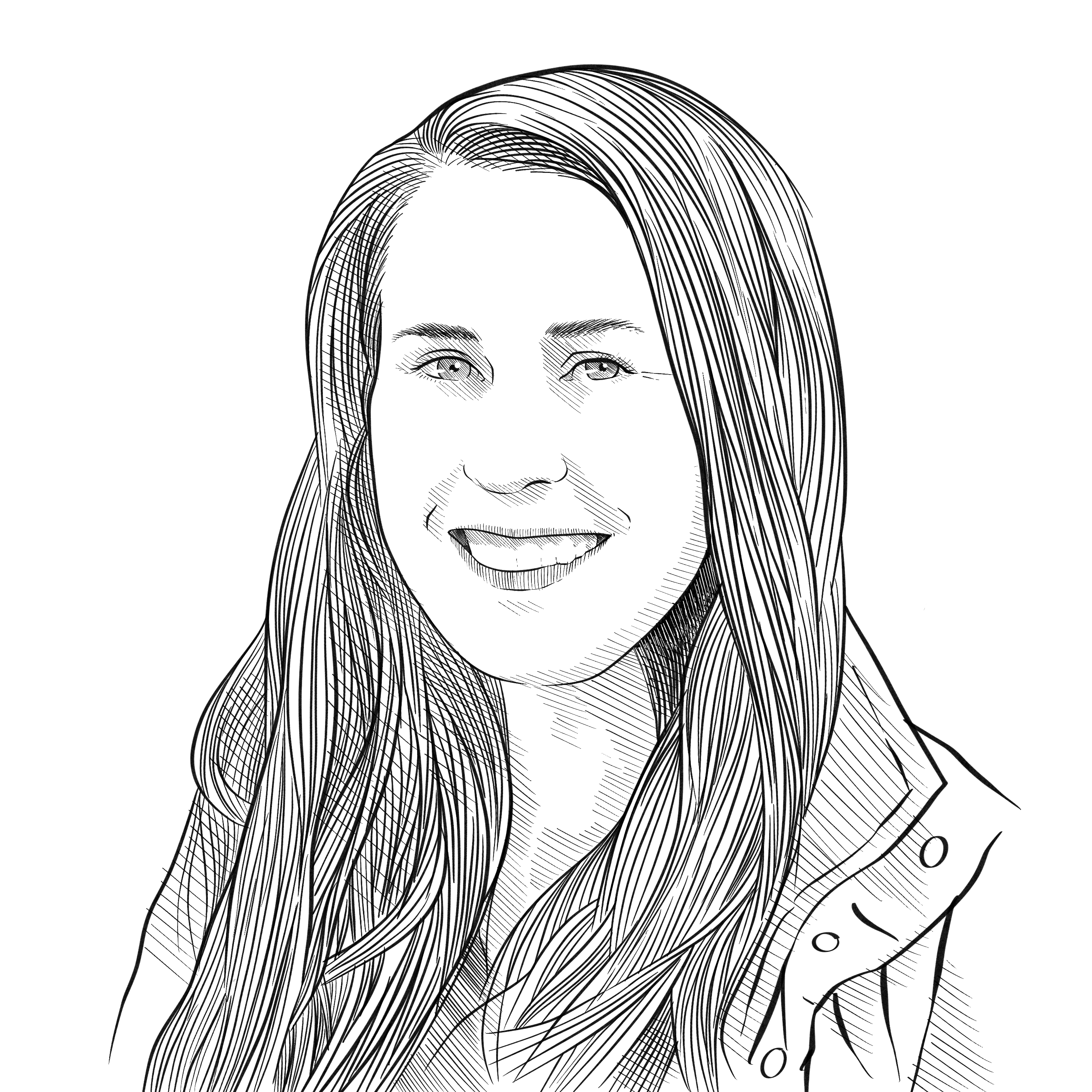 Black and white illustration of a woman, Allison Horst, smiling with long slightly wavy hair.