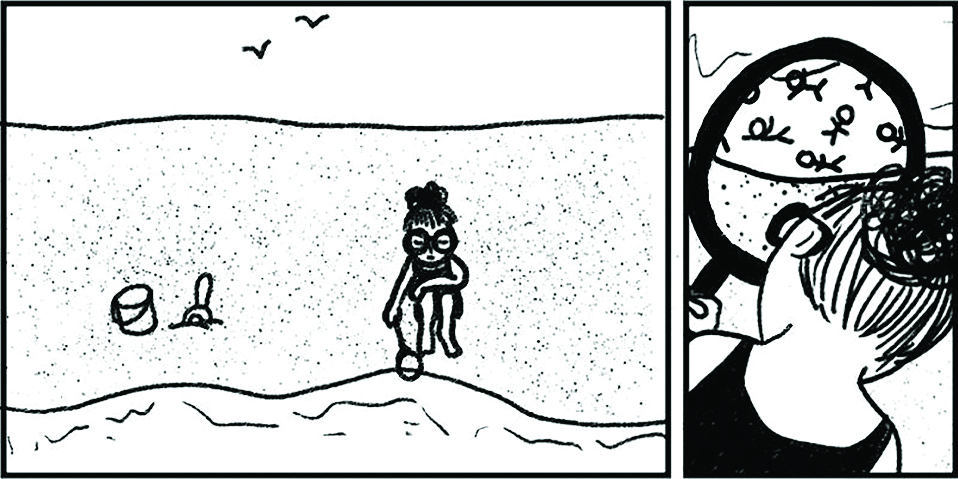 A two-panel comic where the first panel shows a girl sitting at the beach next and the second panel shows a close-up of the girl looking through a magnifying glass seeing small human characters in the water.