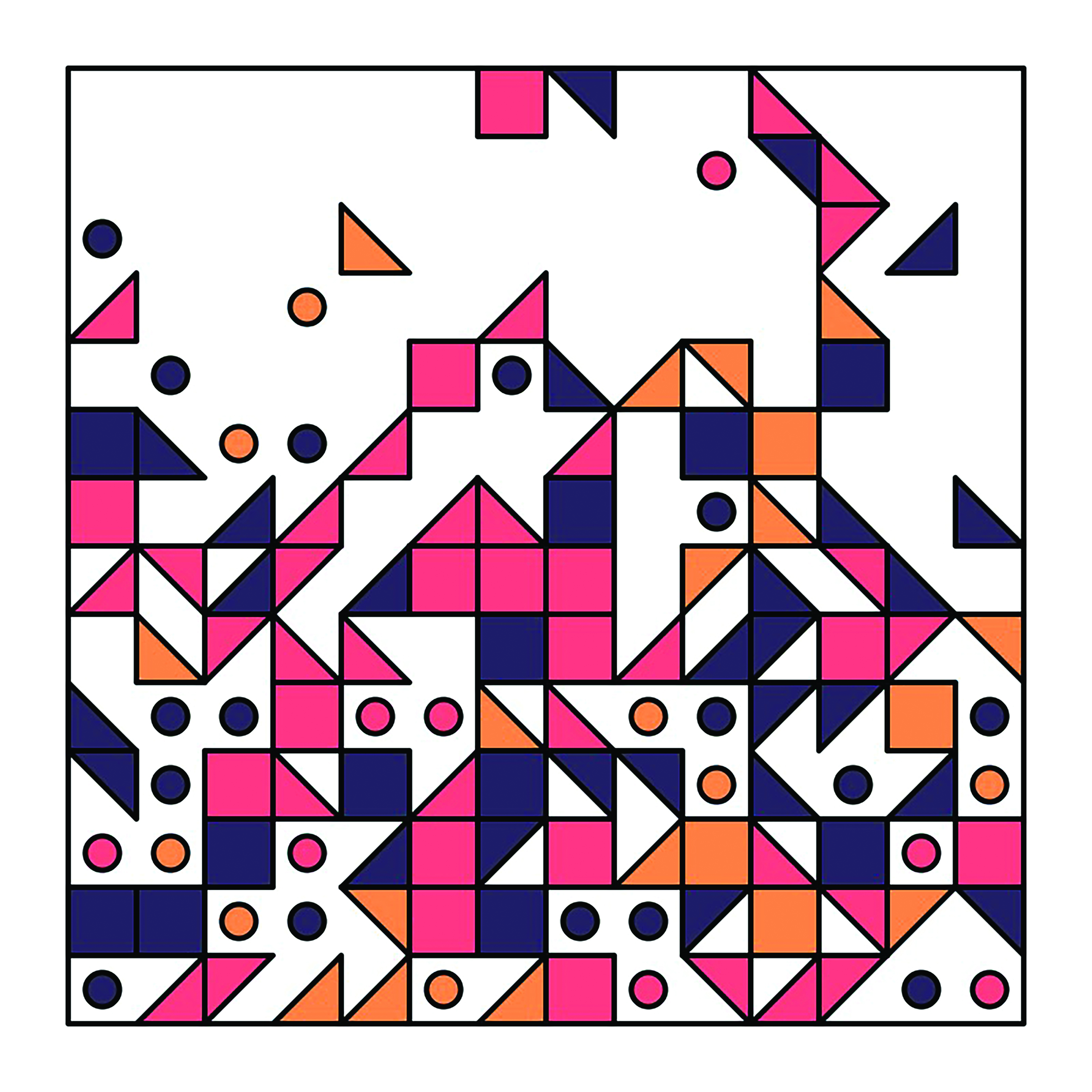 A square-shaped generative art piece of with various squares, circles, and triangles colored pink, purple, and orange.