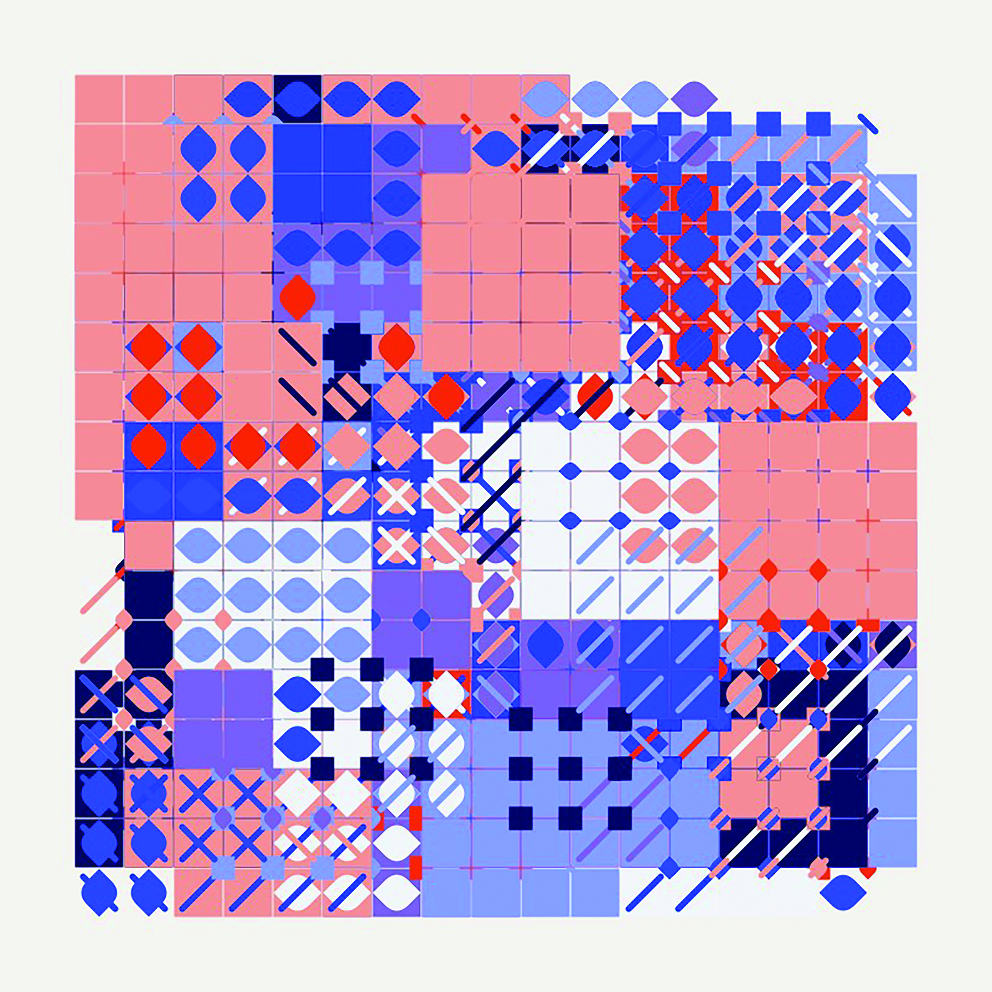 A square-shaped generative art piece of with a grid of shapes colored blue, red, and purple.