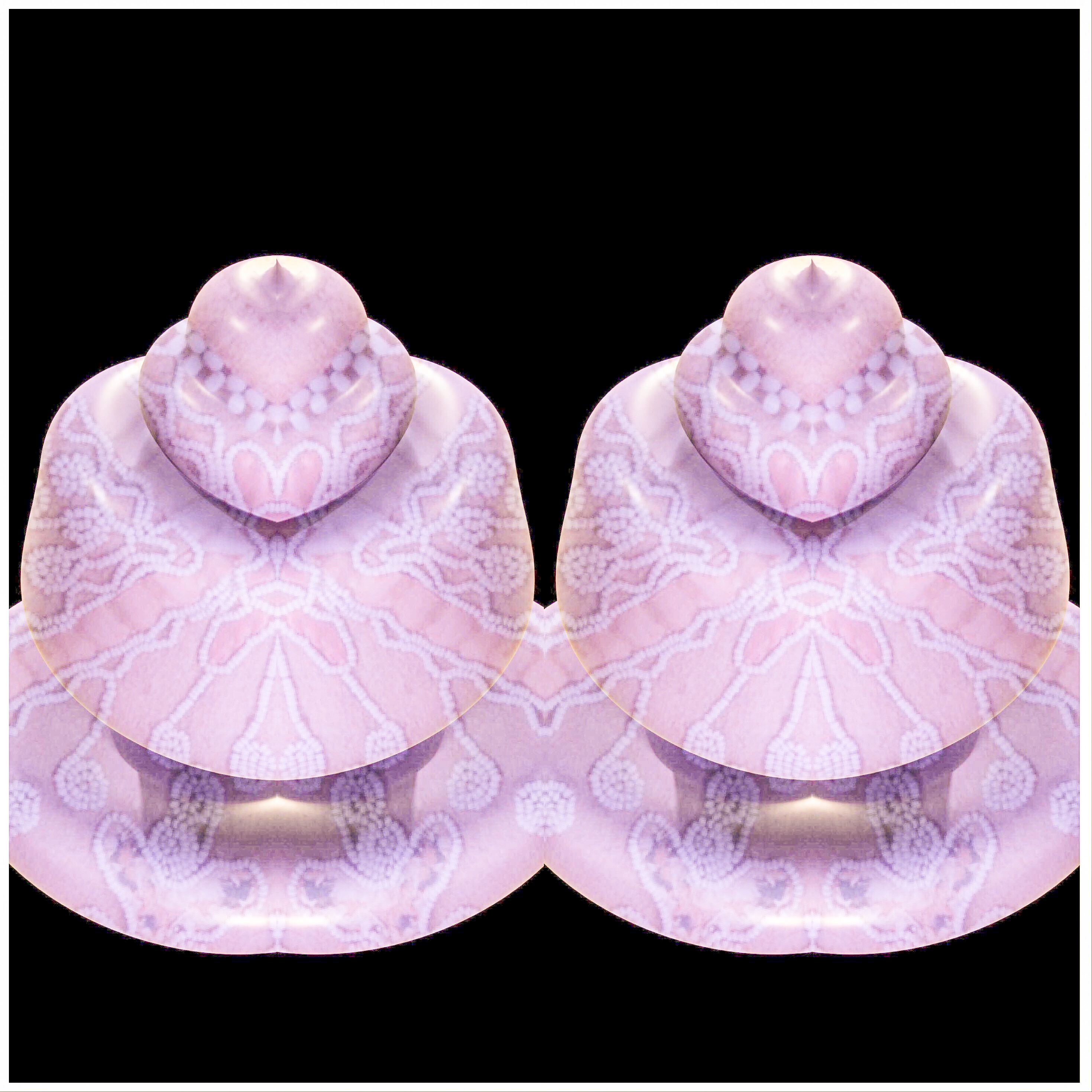 An image of beadwork from the Haudenosaunee Confederacy made in 3D software using images from museum collections of beadwork. Colors include silver, gold, pink, blue, and purple. It looks similar to a shell or a river clam.
